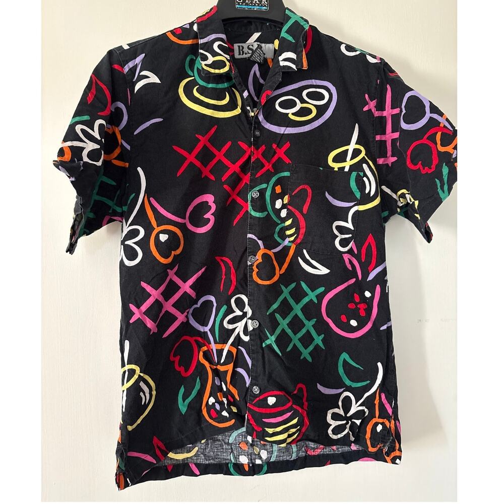 BSR Vintage 90s Button Down Shirt Screech Saved by the Bell Medium Neon Doodle